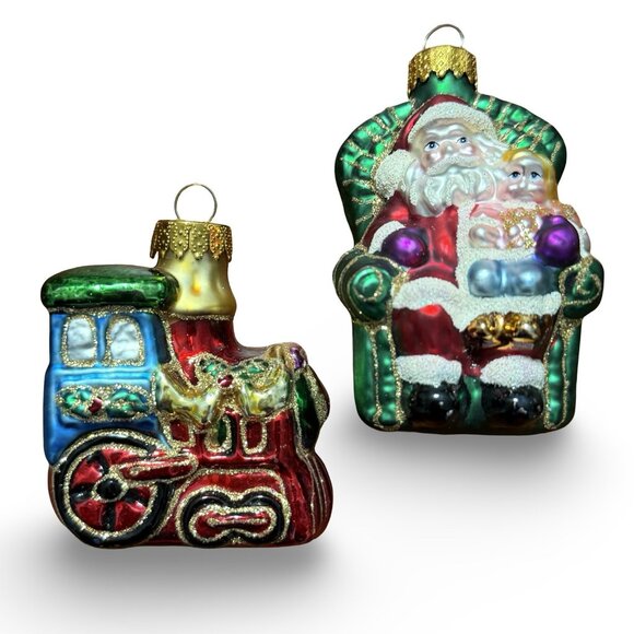 Vintage UT Santa & Train Christmas Ornaments Set Retro Hand Painted Blown Glass - Picture 1 of 7
